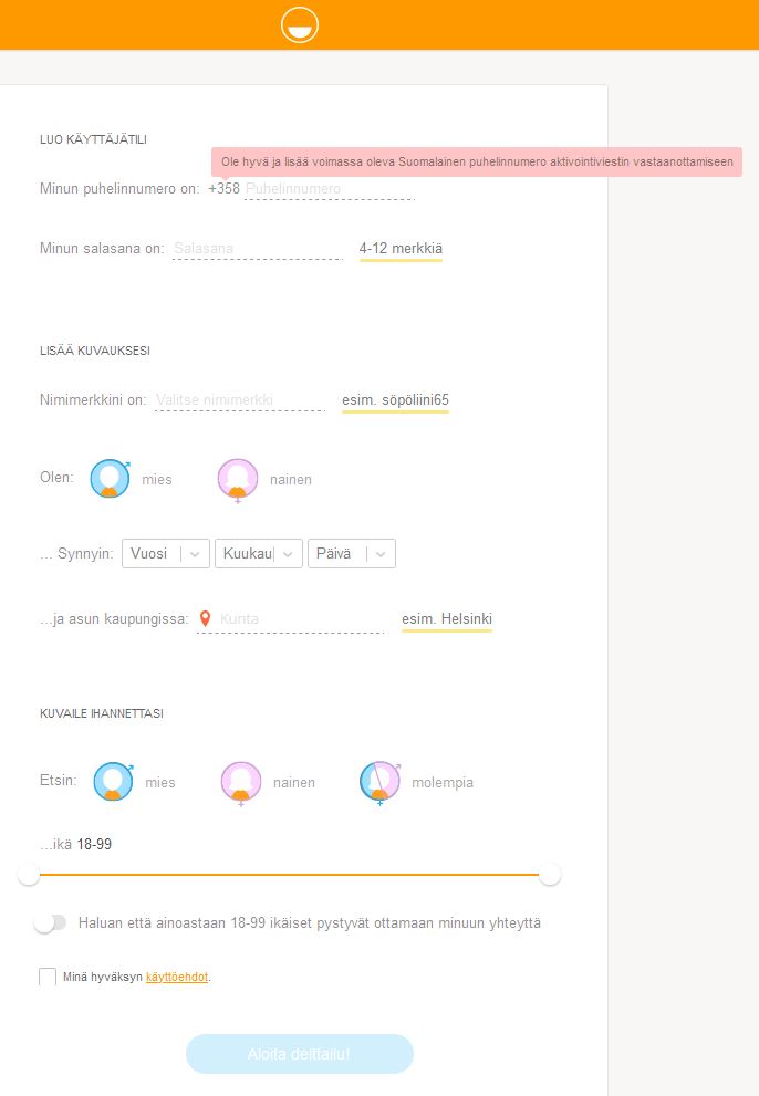 Lisää voimassa oleva suomalainen puhelinnumero, jotta voit vastaanottaa aktivointiviestin. Tämä varmistaa, että käyttäjätilisi voidaan aktivoida turvallisesti.